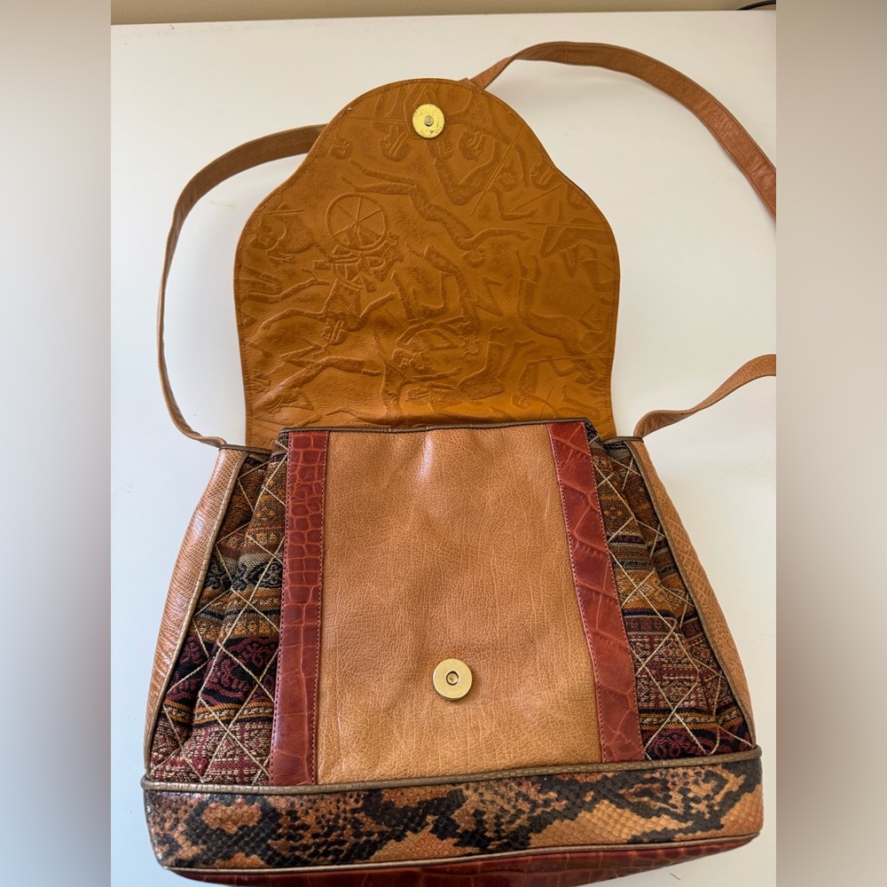 Sharif Mixed Media Snakeskin, Leather and Fabric Patchwork Crossbody Vintage - Picture 14 of 16